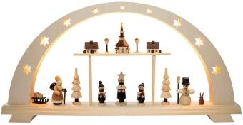 Schwibbogen Seiffener Weihnacht aus Holz mit LED-Beleuchtung, Kirche, Kurrendesängern und Schneemann