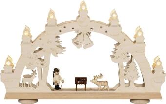 3D-Lichterbogen Waldszene mit Jäger, Hirsch und Tannen aus Holz, warmweiße LED-Beleuchtung,