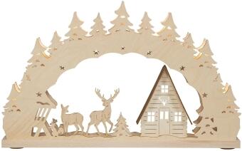 Schwibbogen – LED beleuchtet 7-flg. Waldhaus mit Reh, Fuchs und Hase aus Holz von Weigla Günter