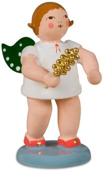 Weihnachtsfigur Engel mit grünen Flügeln und goldenem Schellenstab sowie roten Schuhen aus Holz von