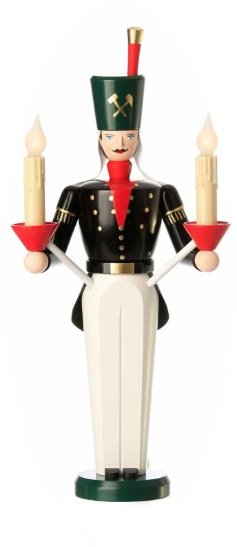 Lichterfigur – farbiger Bergmann mit schwarzer Uniform und zwei elektrischen Kerzen – BxHxT