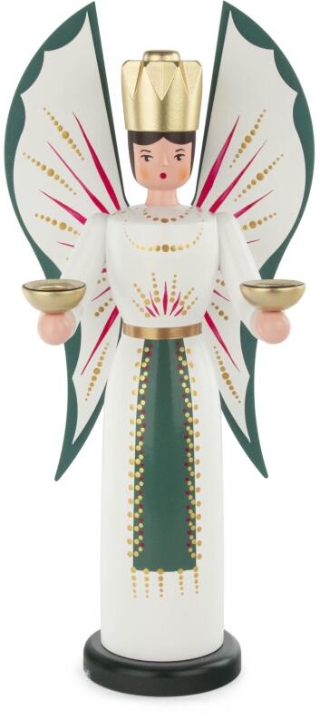 Engel – detailreich handbemalt in Grün und Rot mit Kerzentüllen für Wachskerzen ø 14 mm – BxHxT = 16