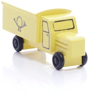 Holzspielzeug - Miniaturfahrzeug Lastenauto Postauto Bunt - Ansicht Vorne - Hergestellt im Erzgebirge