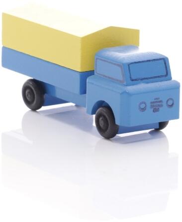Holzspielzeug - Miniaturfahrzeug Lastenauto mit Plane Bunt - Ansicht Vorne - Hergestellt im Erzgebirge