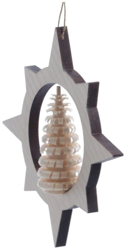 Christbaumschmuck - Ausgefräster Stern mit Ringelbaum Natur - Ansicht Links - Fadenlänge ca 7,5cm