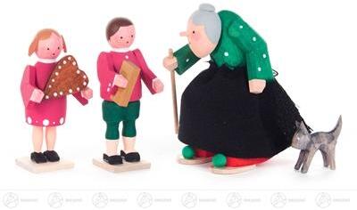 Schnitzerei Hexe mit Kater, Hänsel und Gretel, geschnitzt Höhe ca 7,5 cm