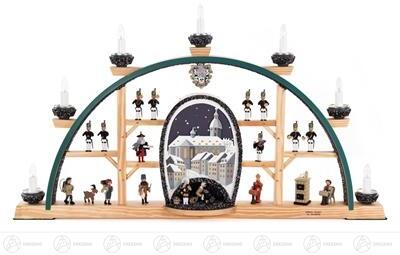 Schwibbogen G&ouml;&szlig;ner Stollen zu Annaberg mit Annaberger Kirche, Bergwerk und Erzgebirgsfiguren, elektrisch beleuchtet Breite x H&ouml;he x Tiefe 69,5 cmx40 cmx5 cm