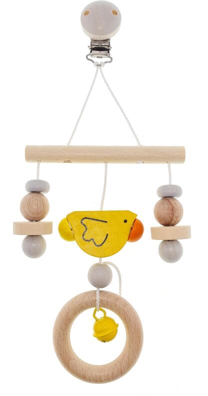 Babyspielzeug – farbenfrohes Minitrapez mit Ente, Glocke und bunten Perlen – BxHxT 17 x 12,2 x 6 cm