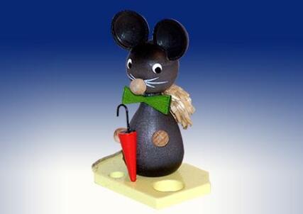 Ganzjahresdekoration Maus auf Käse mit Schirm und Hut Höhe 7cm