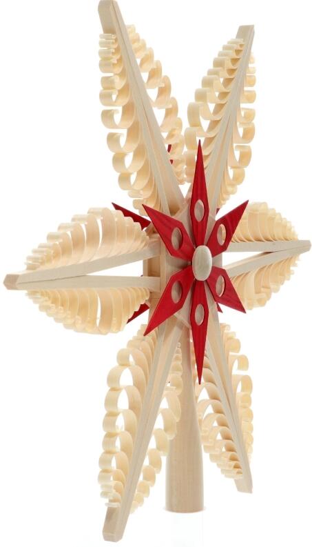 Baumschmuck - Christbaumspitze Mitte mit Kiefernstern Rot - Ansicht Rechts - mit handgestochenen