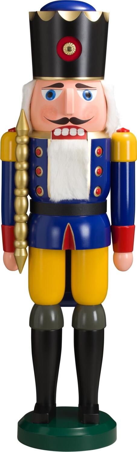 Nussknacker &ndash; gro&szlig;er K&ouml;nig in Blau mit goldener Krone und Fellbesatz &ndash; BxHxT ca. 30 x 100 x 24 cm