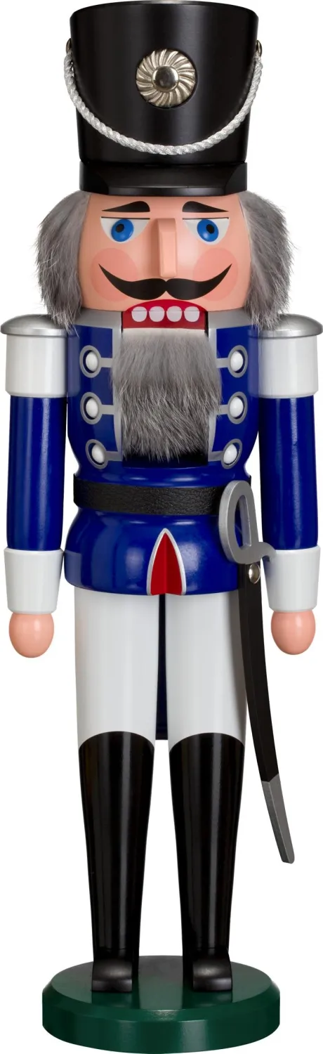 Nussknacker Husar mit Säbel in blauer Uniform, detailreich bemalte Holzfigur von Seiffener