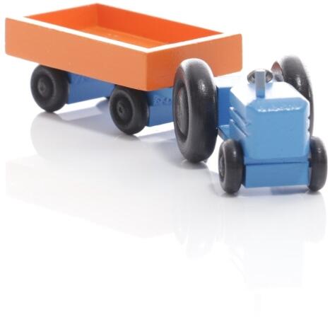 Holzspielzeug - Miniaturfahrzeug Traktor mit Kasten Anhänger Bunt - Ansicht Vorne - Hergestellt im Erzgebirge