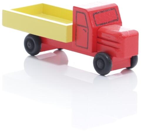 Holzspielzeug - Miniaturfahrzeug Lastenauto mit Pritsche Bunt - Ansicht Vorne - Hergestellt im Erzgebirge