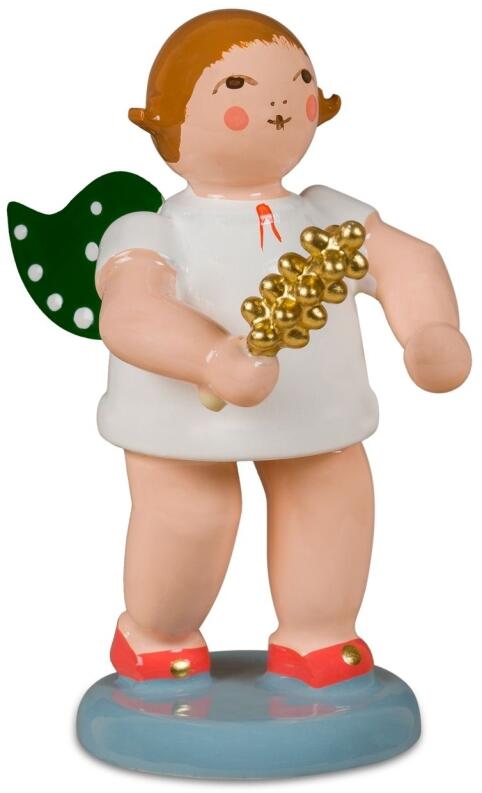 Weihnachtsfigur – Engel mit grünen Flügeln und goldenem Schellenstab sowie roten Schuhen – BxHxT 3 x