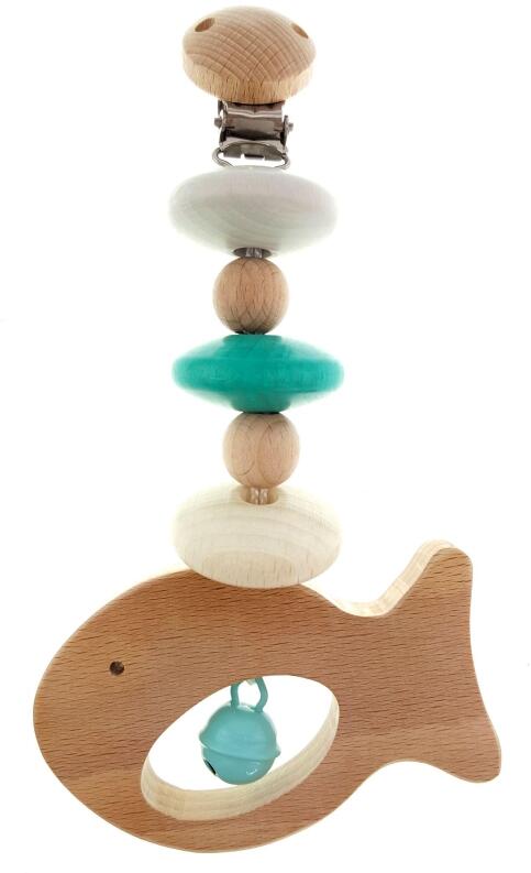 Babyspielzeug – liebevoller Wagenanhänger mit Holzfisch, Glöckchen und Perlen – BxHxT 9 x 18 x 3.5