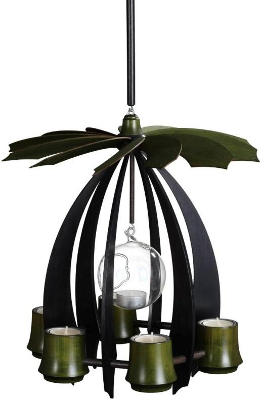 Hängepyramide – schwebend, modern mit moosgrüner Glaskugel und Teelichthaltern – Anthrazit BxHxT =