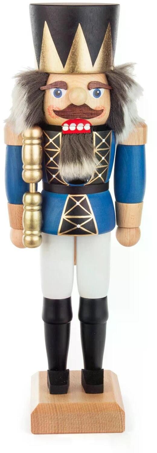 Nussknacker &ndash; majest&auml;tischer K&ouml;nig mit blauer Uniform goldener Krone und Zepter &ndash; BxHxT 12,5 x 36 x 10 cm