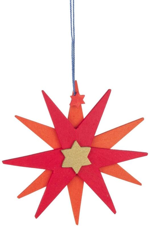 Christbaumschmuck Weihnachtsstern natur aus Holz in Rot und Orange mit kleinem Sternanhänger von