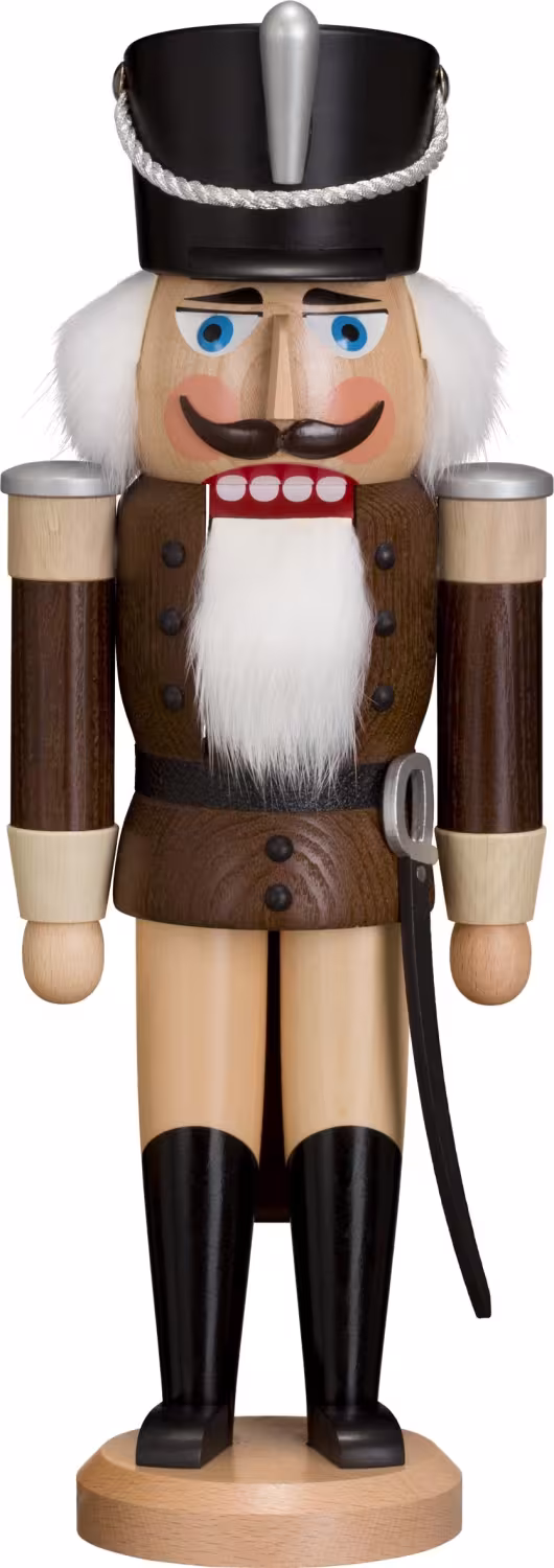 Nussknacker Husar in brauner Uniform mit Säbel und Fellbart aus Holz von Seiffener Volkskunst eG aus