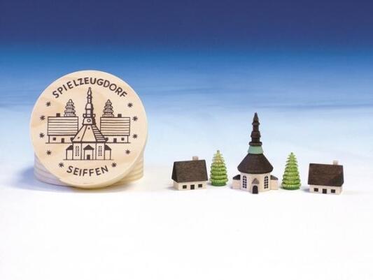 Holzdekoration Spanschachtel Dorf Seiffen bunt Durchmesser 8 cm
