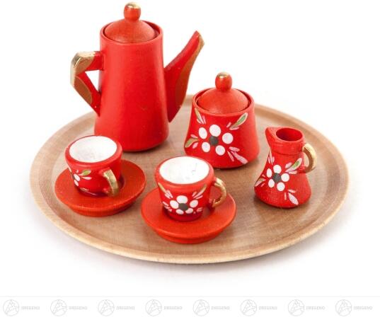 Spielzeug Mini-Kaffeeservice rund, rot mit Dekor (10) Höhe ca 3,5 cm