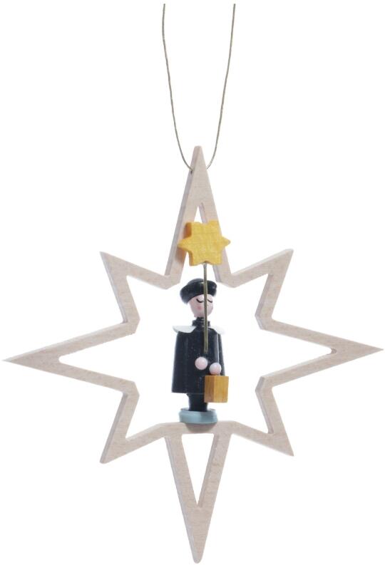 Christbaumschmuck - Holzstern mit Kurrendesänger und Stern - Ansicht Vorne - Hergestellt im