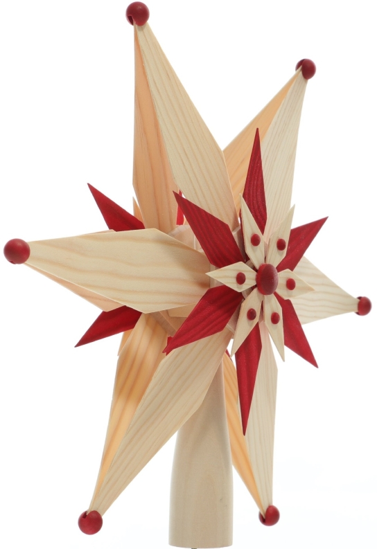 Baumschmuck Baumspitze aus Holz mit großem Stern und kleinen roten Sternen, beleuchtet,
