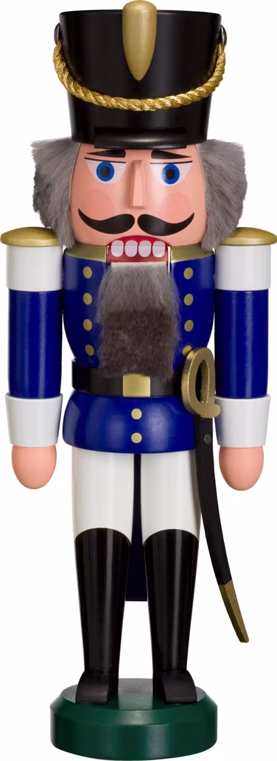 Nussknacker Husar mit Säbel in blauer Uniform aus dem Erzgebirge von Seiffener Volkskunst eG, ca. 28