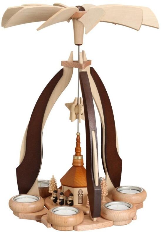 Pyramide - Seiffener Kirche und Kurrende naturbelassen mit Teelichter - LxBxH 36x27x27 cm