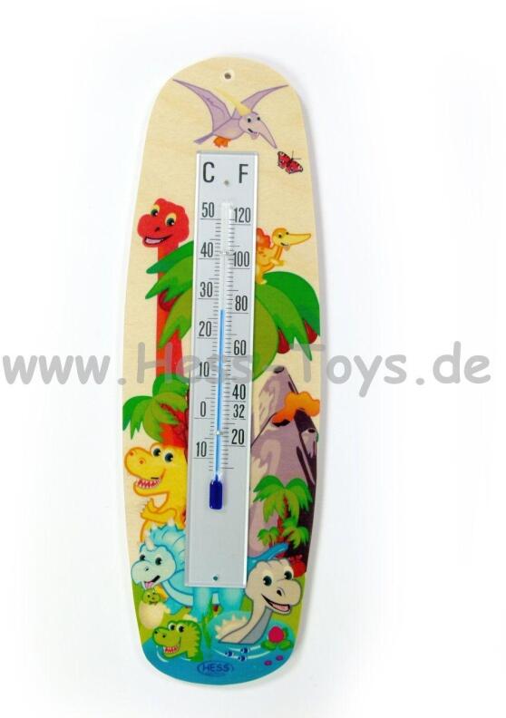 Holzthermometer – fröhlicher Dino mit bunten Farben gestaltet – BxHxT 8x25,5x1,5 cm