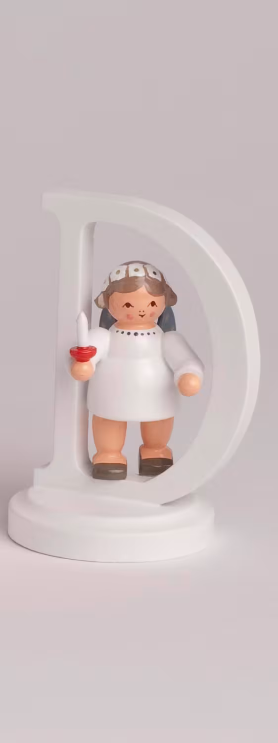 Miniaturfigur Engel mit Buchstabe D im weißen Kleid und kleinem Licht, Holzfigur aus dem Erzgebirge