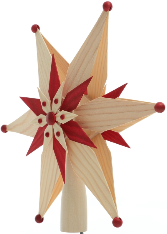 Baumschmuck - Filigrane, handgefertigte Baumspitze mit großem Holzstern, kleinen Holzsternen und