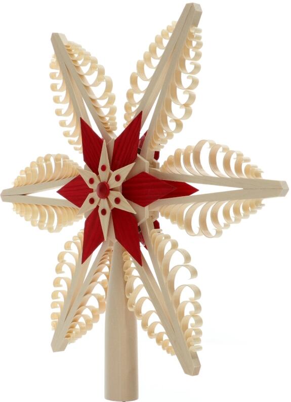 Christbaumspitze Spanstern el. Beleuchtet Mittig mit Holzstern Rot - Ansicht Links - mit
