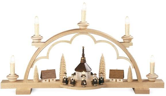 Schwibbogen – detailreiche Kurrende mit Seiffener Bergkirche naturbelassen und elektrisch beleuchtet