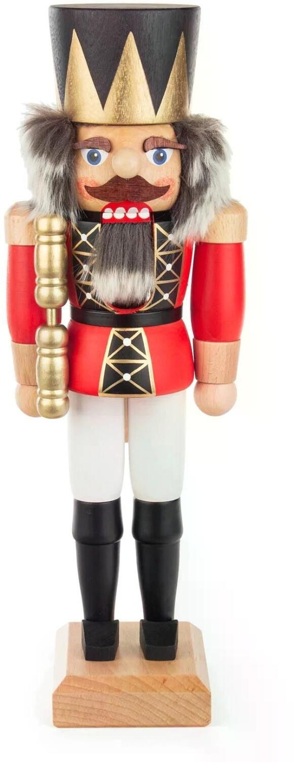 Nussknacker &ndash; majest&auml;tischer K&ouml;nig mit rotem Mantel goldener Krone und Zepter &ndash; BxHxT 12,5 x 36 x 10 cm