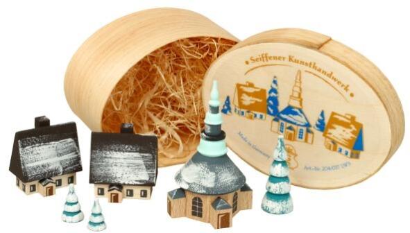 Miniaturfigur Spanschachtel mit Dorf Seiffen winterlich Höhe 7 cm