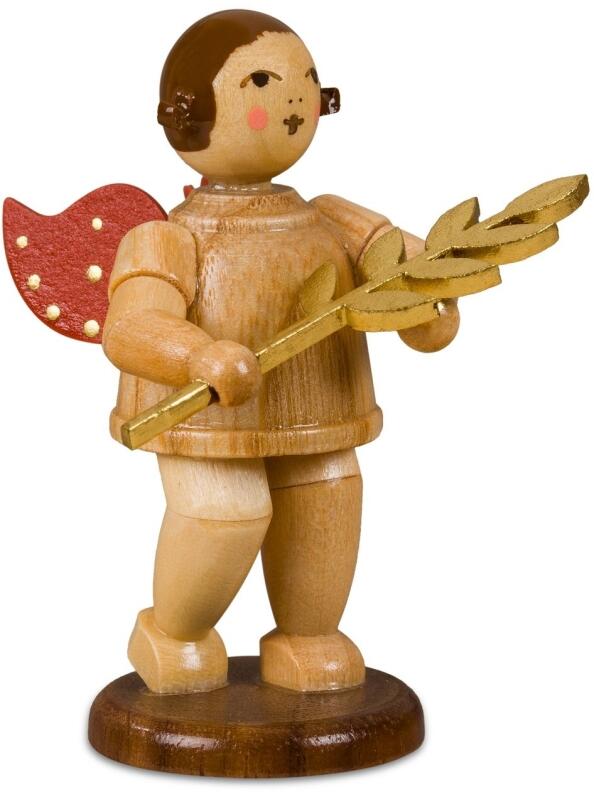 Weihnachtsfigur – naturfarbener Engel mit rotem Flügel und goldenem Friedenszweig – BxHxT 4 x 6,5 x 