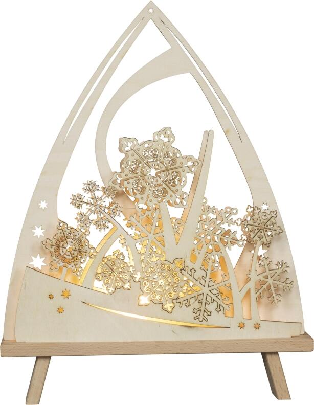 Dekoleuchte – winterliche Spitze mit detailreichen Eissternen, warmweiß beleuchtet – BxHxT = 30 x