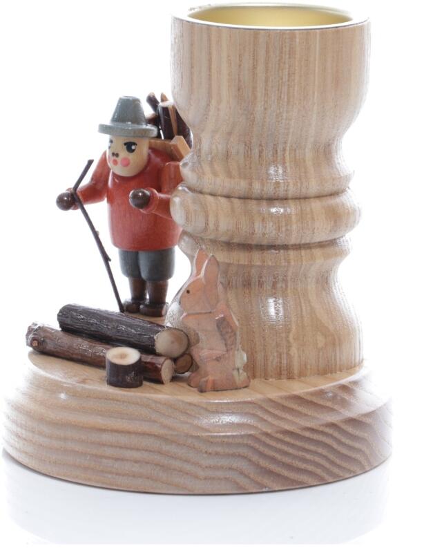 Tischschmuck -Teelichthalter Holzsammler mit Hase - Ansicht Links - Passend mit Teelichter oder