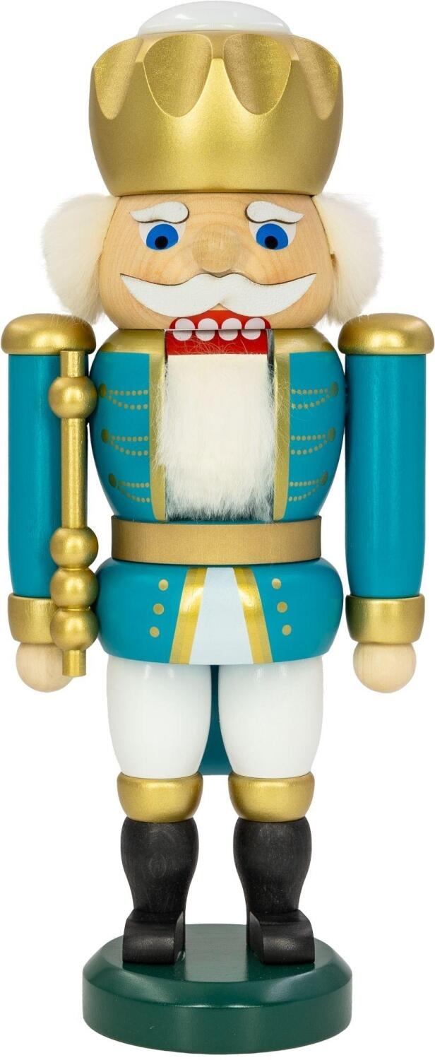 Nussknacker König aus dem Erzgebirge in weiß-türkis mit goldenen Details, Holzfigur von Seiffener