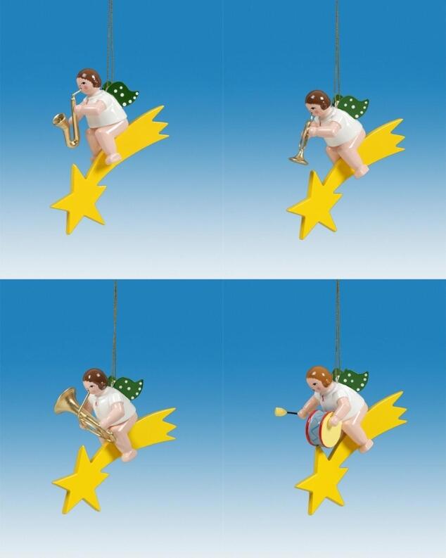 Christbaumschmuck Engel auf Sternschnuppe mit Instrument und Krone 4 teilig Höhe 6cm