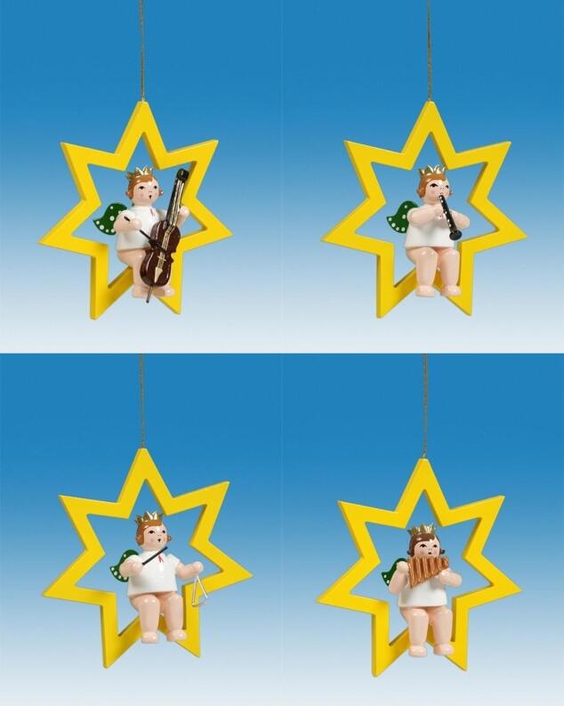 Christbaumschmuck Engel auf Stern mit Instrument und Krone 4 teilig Höhe 6cm