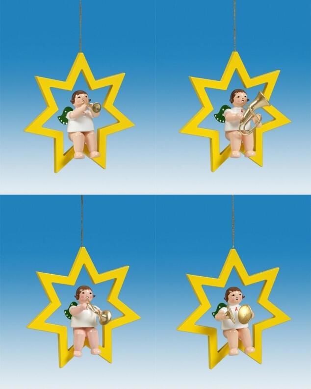Christbaumschmuck Engel auf Stern mit Instrument und Krone 4 teilig Höhe 6cm