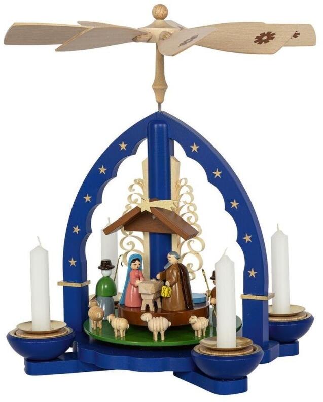 Weihnachtspyramide mit Christi Geburt und Tieren in Blau aus Holz von Erzgebirgische Volkskunst