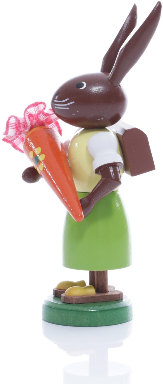 Osterfigur – handgefertigte, liebevoll bemalte Osterhäsin mit bunter Zuckertüte und Schulranzen – BxHxT ca. 5x9x4 cm