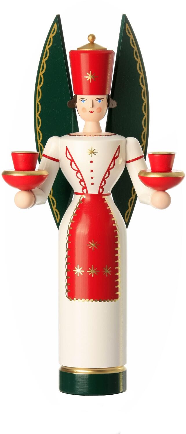 Lichterfigur &ndash; liebevoll bemalter Engel mit gr&uuml;n-goldenen Fl&uuml;geln und roten Kerzenhaltern &ndash; BxHxT 17x36x12cm