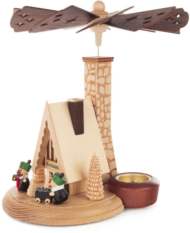 Räucherpyramide tolle Räuchererzhütte mit zwei Bergmännern und sternverzierten Flügeln aus Holz von