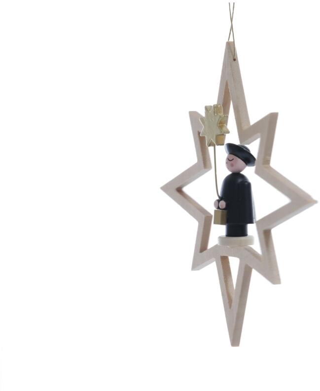 Christbaumschmuck - Holzstern mit Kurrendesänger und Stern - Ansicht Links - Fadenlänge ca 7,5cm