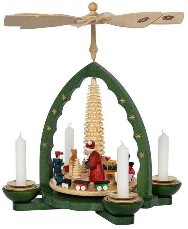 Pyramide – detailreicher Weihnachtsmann bei Bescherung mit drehendem Spielzeug, grüne Holzpyramide
